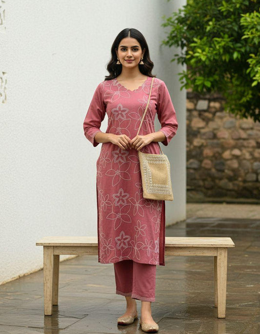 Peach Embroidered Kurti and Pants