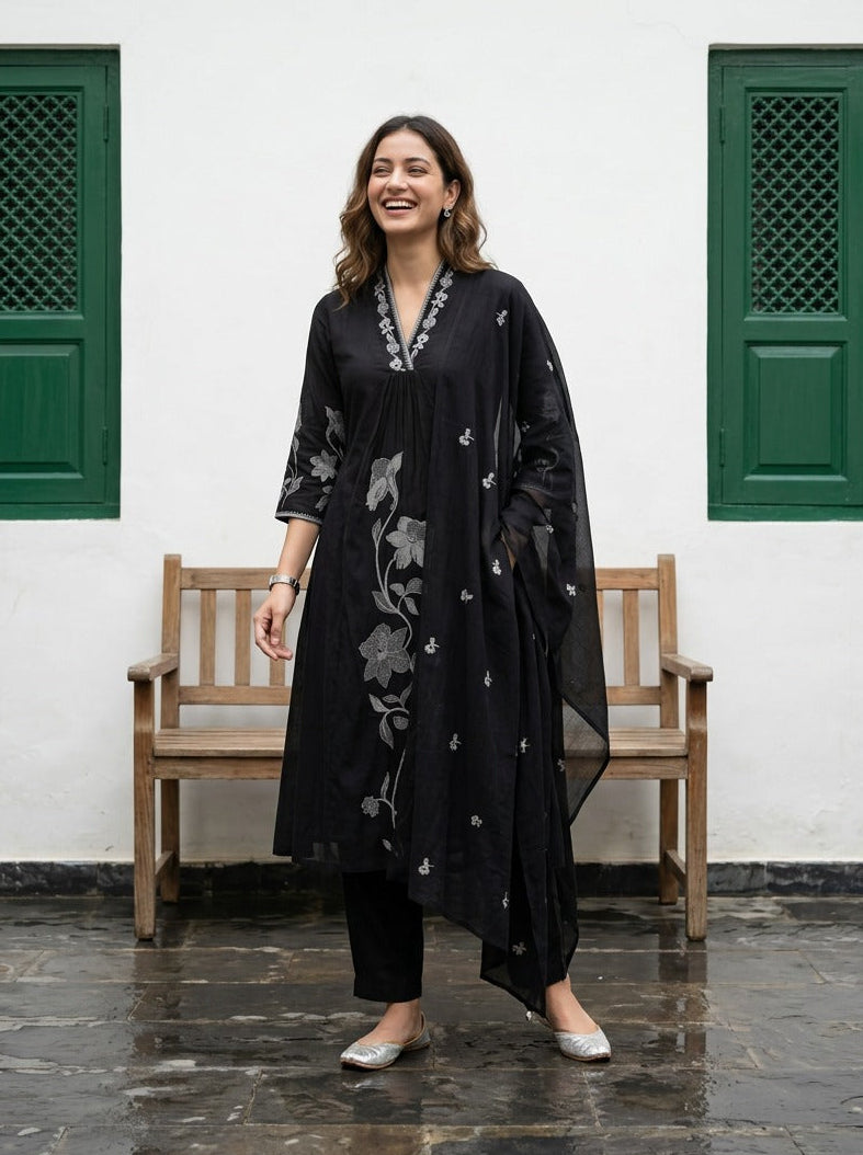 Black Embroidered A Line Suit Set