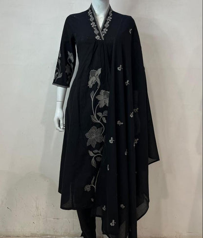 Black Embroidered A Line Suit Set