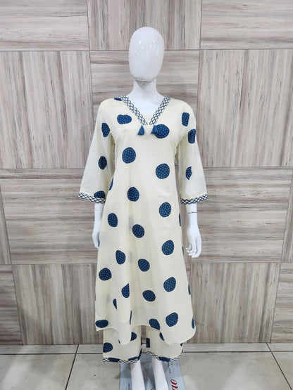 White with Blue polka dots Kurti set